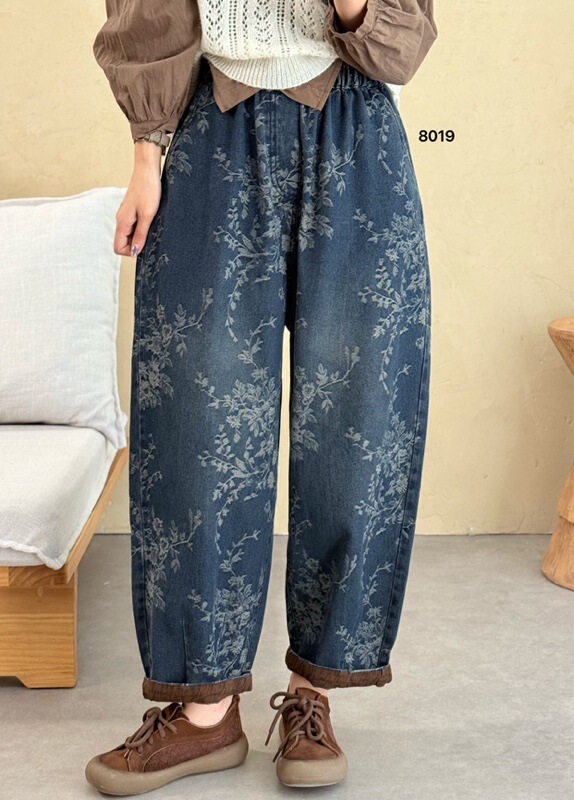 印花牛仔哈伦裤女 2025秋新款松紧腰复古文艺宽松翻边九分裤 8019|undefined