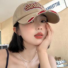 破洞字母棒球帽女軟頂寬帽檐大頭圍百搭鴨舌帽美式復古顯臉小帽子