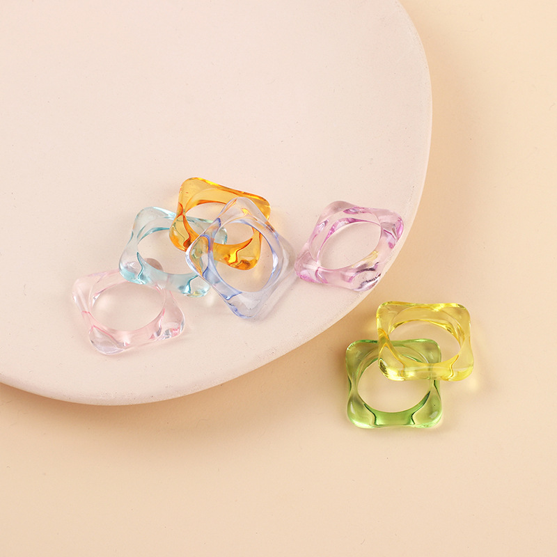 2g Weight Solid Color Pattern Women'S Gender INS Style Style Lake Blue, Pink, Green, Blue, Yellow Color One Size Size Simple Candy Color Square Acrylic Transparent Ring Set 1