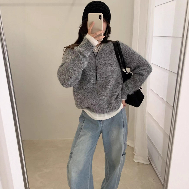 韩系复古V领软糯毛衣女秋冬季新款休闲时尚羊毛混纺气质百搭上衣|undefined