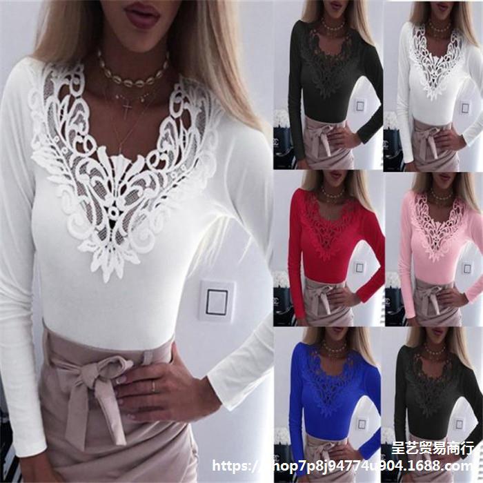Sexy long sleeve lace collar plain color patchwork shirt