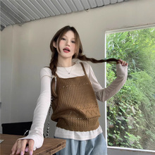 实拍~纯色基础款套头针织长袖打底毛衣+针织镂空吊带背心两件套