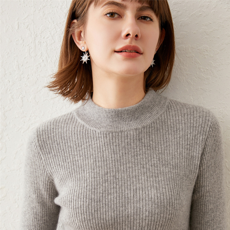 品牌折扣衣女中领修身羊绒衫套头长袖针织线衫秋冬内搭紧身打底衫