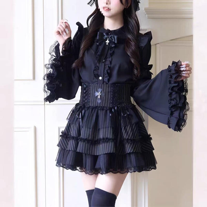 Long-Sleeved Lace Bow-Knot Shirt Autum Top Gothic Lolita Japanese Style Subculture with Wide Sleeves Inside