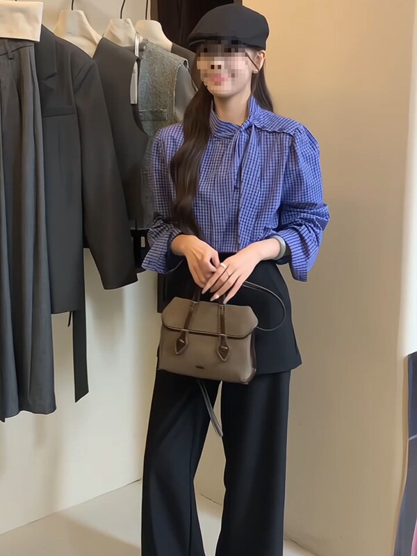 春季新款小众丁达尔设计感格子衬衫西裤套装阔腿裤长裤两件套新款|undefined