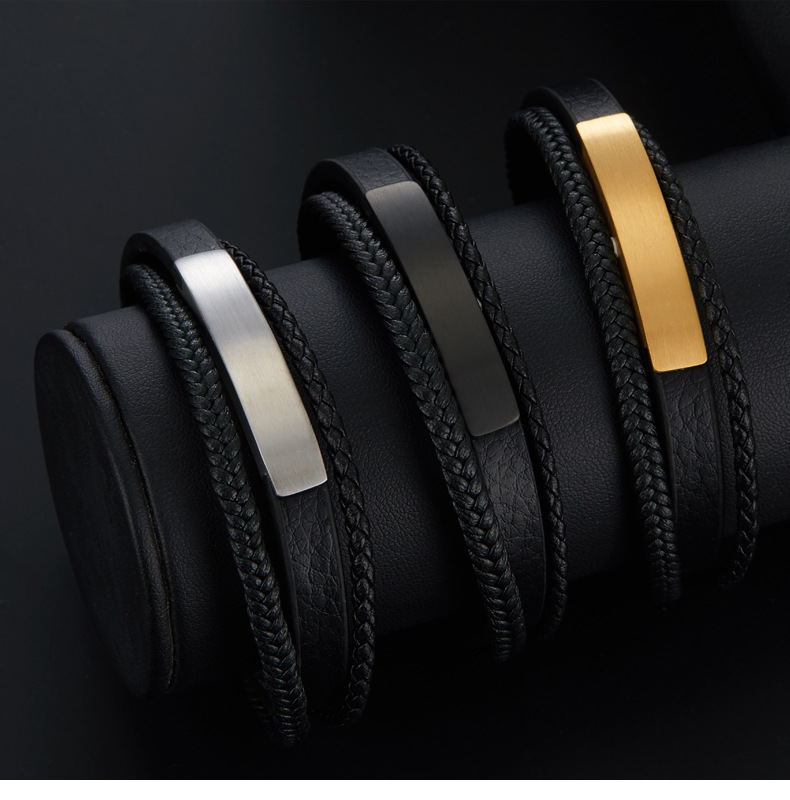 304 Stainless Steel Material Men's Retro Bracelets Bangle Customization Laser Engraving Solid Color 304 Stainless Steel Braid Vacuum Plating Men Cord & Leather Bracelets