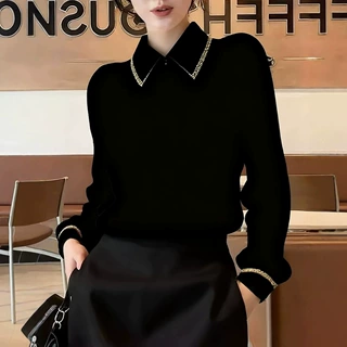时尚轻奢黑色polo领衬衫女秋季2026年新款气质百搭小衫轻熟风衬衣