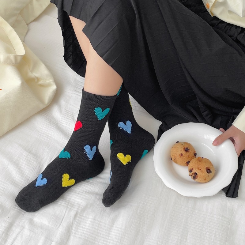 Ladies Cotton Love Stockings - White Background with Black Accents