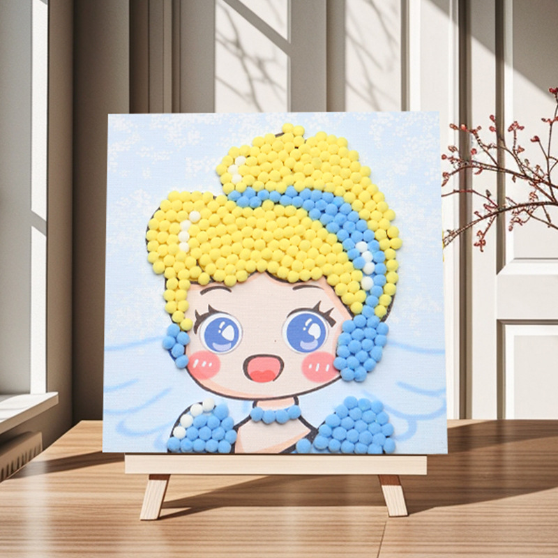 Pintura de bola de pelo Dibujos animados Niños creativos Pegatinas a mano Diy Material hecho a mano Paquete Marco estirado Pintura adhesiva Marco de madera maciza Pintura decorativa