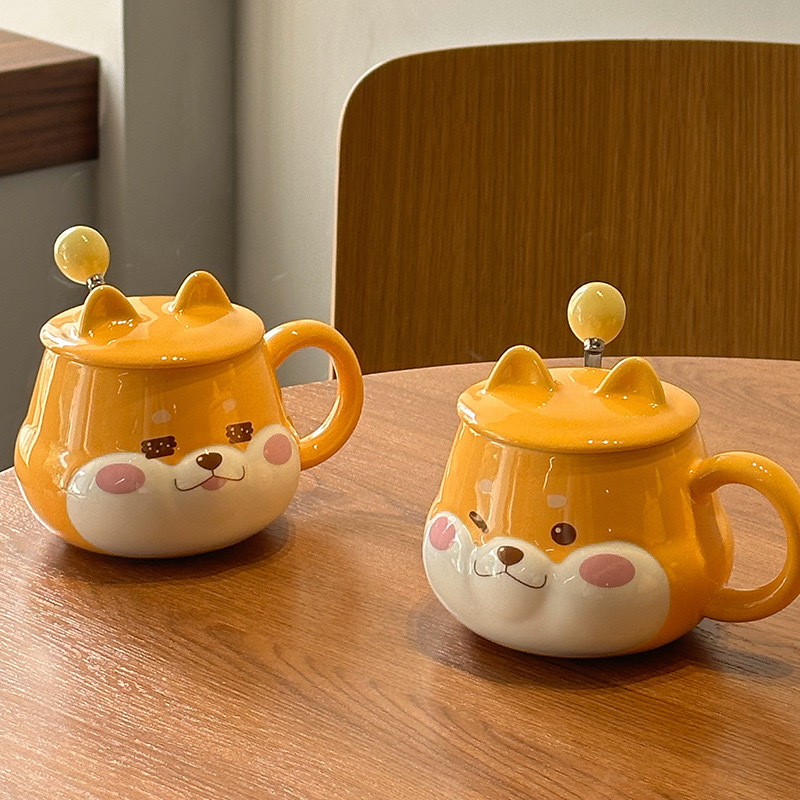 2024 Taza Shiba Inu creativa y linda con tapa, cuchara, taza de cerámica para el hogar de alto valor, taza de agua para parejas, regalo de mano