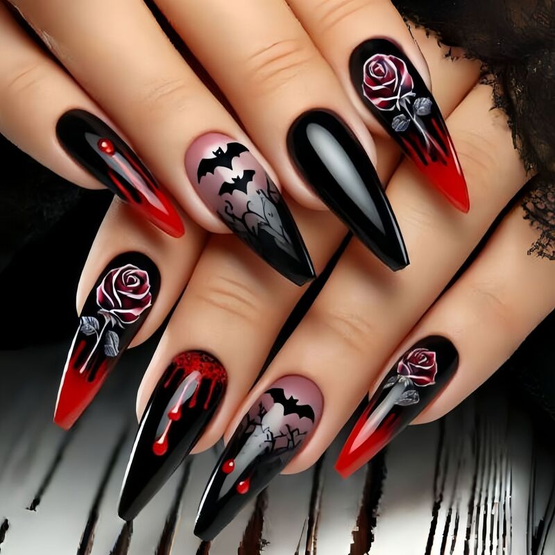 Halloween European and American Red Rose Bat Dripping Blood Pattern Nail Art Patch European and American Ins Hot Selling Wearable Nail 2025 Halloween European and American Red Rose Bat Dripping Blood Pattern Nail Art Patch European and American Ins Hot Selling Wearable Nail 2025