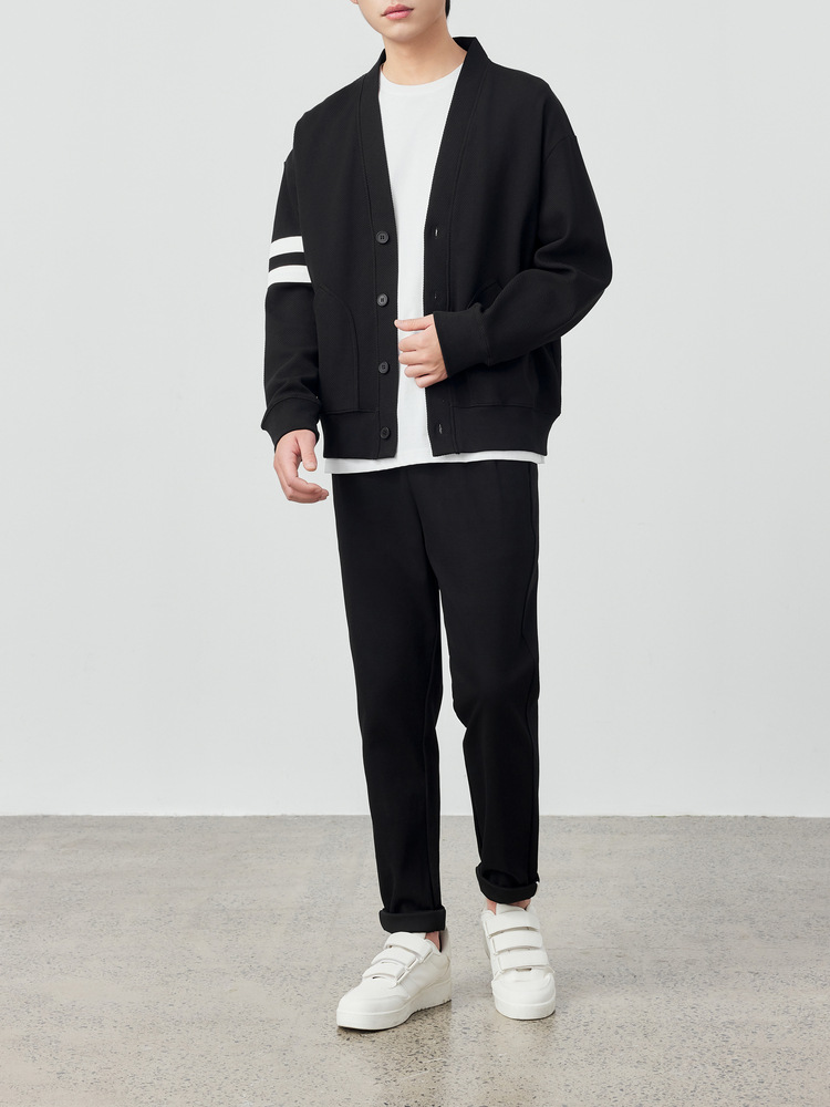 Áo khoác cardigan nam vải tuýt phối sọc tương phản kiểu mới — Màu đen