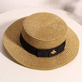 英伦复古金色编织平沿平顶混色草草帽礼帽出游遮阳时装帽子夏天女