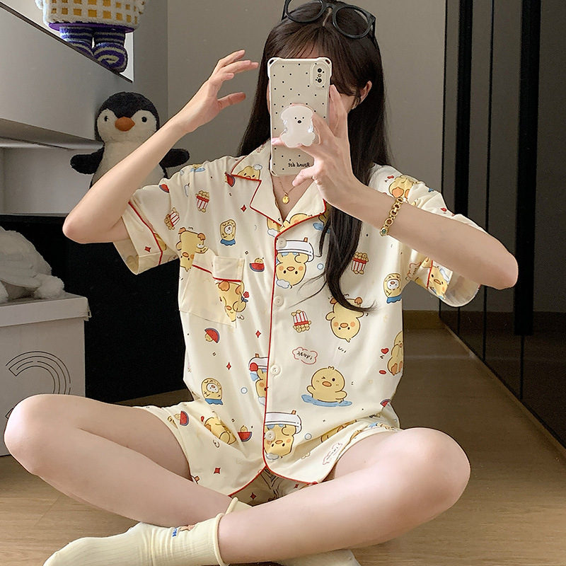Venta al por mayor transfronteriza nuevo estilo imitación algodón de manga corta pantalones cortos pijamas mujeres rebeca de verano dulce y lindo dibujos animados casual servicio a domicilio