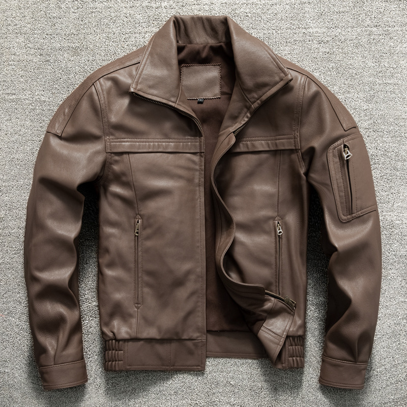 First-Layer Goatskin Genuine Leather Jacket for Men, 02 Flight Suit, Short Style with Turn-Down Collar, Large Size Genuine Leather Jacket for Spring and Autumn First-Layer Goatskin Genuine Leather Jacket for Men, 02 Flight Suit, Short Style with Turn-Down Collar, Large Size Genuine Leather Jacket for Spring and Autumn