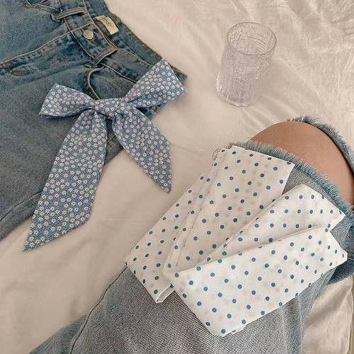 Spring and Summer Korean Style Blue Polka Dot Silk Scarf Versatile Long Striped Hair Tying Bag with Fringe Cute Multifunctional Small Ribbon