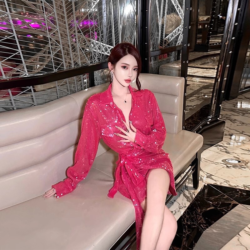French-Style Sequin Shirt Dress for Women, 2026 Summer High-End Design, Elegant Socialite Birthday Shiny Dress