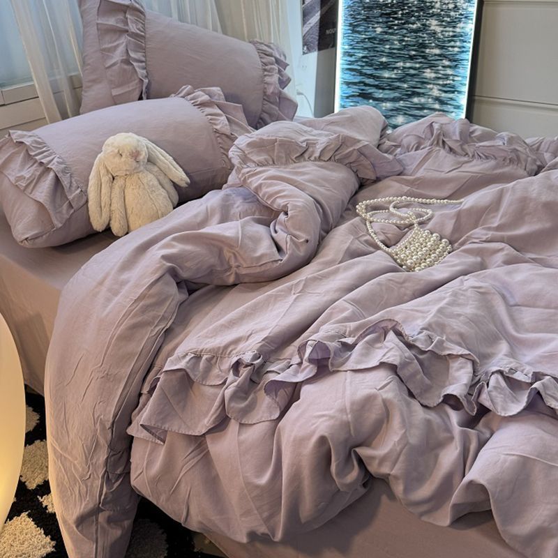 Gentle Purple Lace Quilt Cover Washed Cotton Bed Sheetss Four-Piece Princess Style Fitted Bed Sheets Apartment Bed Three-Piece Set