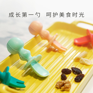 Baby Silicone Short Handle Fork Spoon Baby Silicone Soft Spoon Baby Training Supplementary Spoon Dinosaur Lick Spoon Children's Tableware