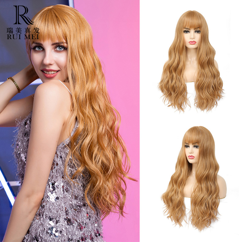 Orange 24inch European and American Style Medium-Long Curly Hair Without Lace, High-Definition Synthetic Fiber, Glue-Free Wig