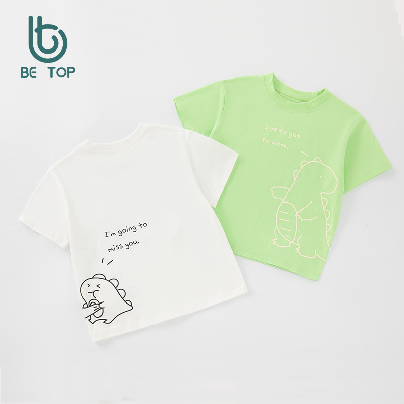 Betop camiseta de manga corta para niños verano nueva ropa para niños ropa para bebés dibujos animados dinosaurio cuello redondo media manga comercio exterior al por mayor