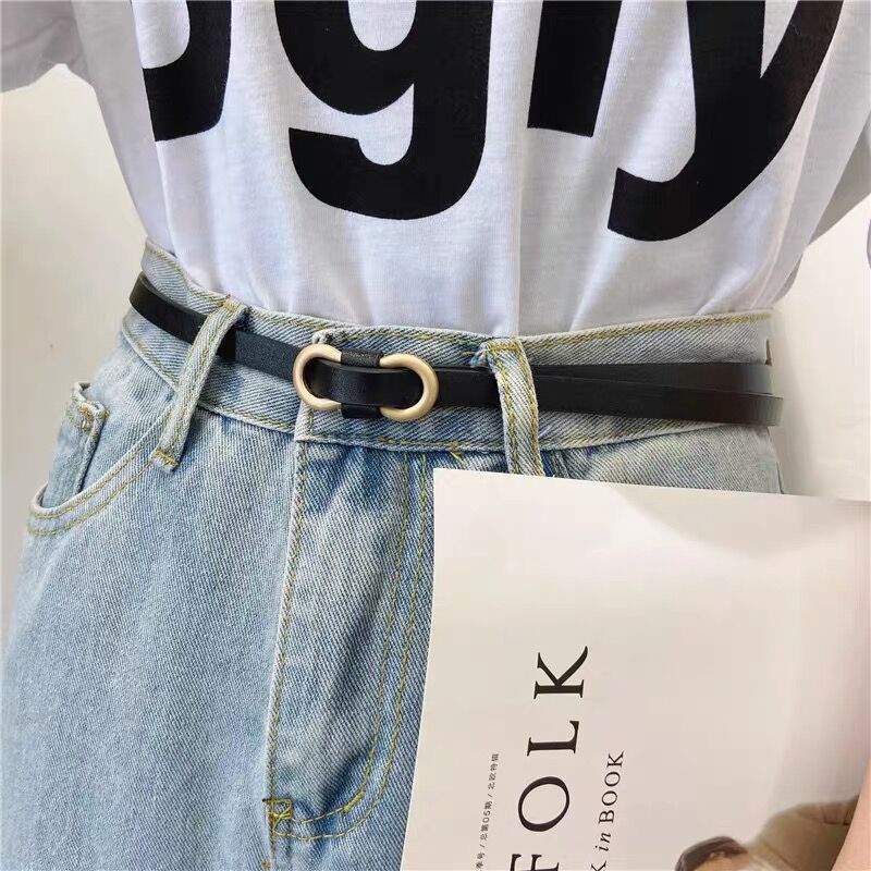 Frühling und Sommer Goldschnalle Flacher geknoteter dünner Gürtel Dekoratives Kleid Ohne Stanzen PU Schmaler Gürtel Kleiner Gürtel für Frauen_voghion.com