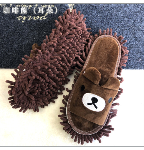 Couple style cute cartoon bear ears short plush removable bottom lazy mop floor sweeping mop slippers