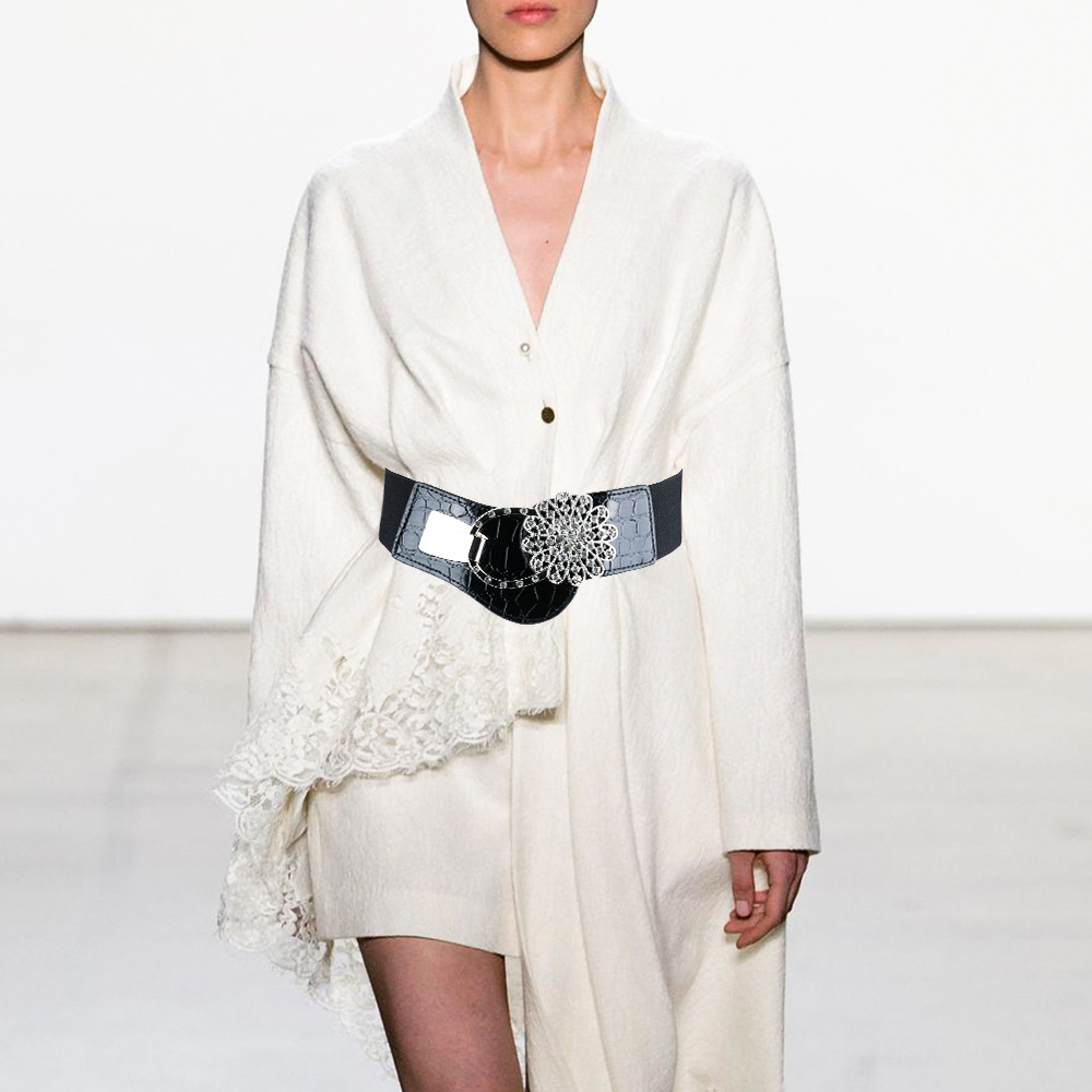 Cintura larga elastica nera alla moda da donna con decorazioni di diamanti, vestito, cappotto, chiusura in vita, strass, ragazza alla moda e paffuta_voghion.com