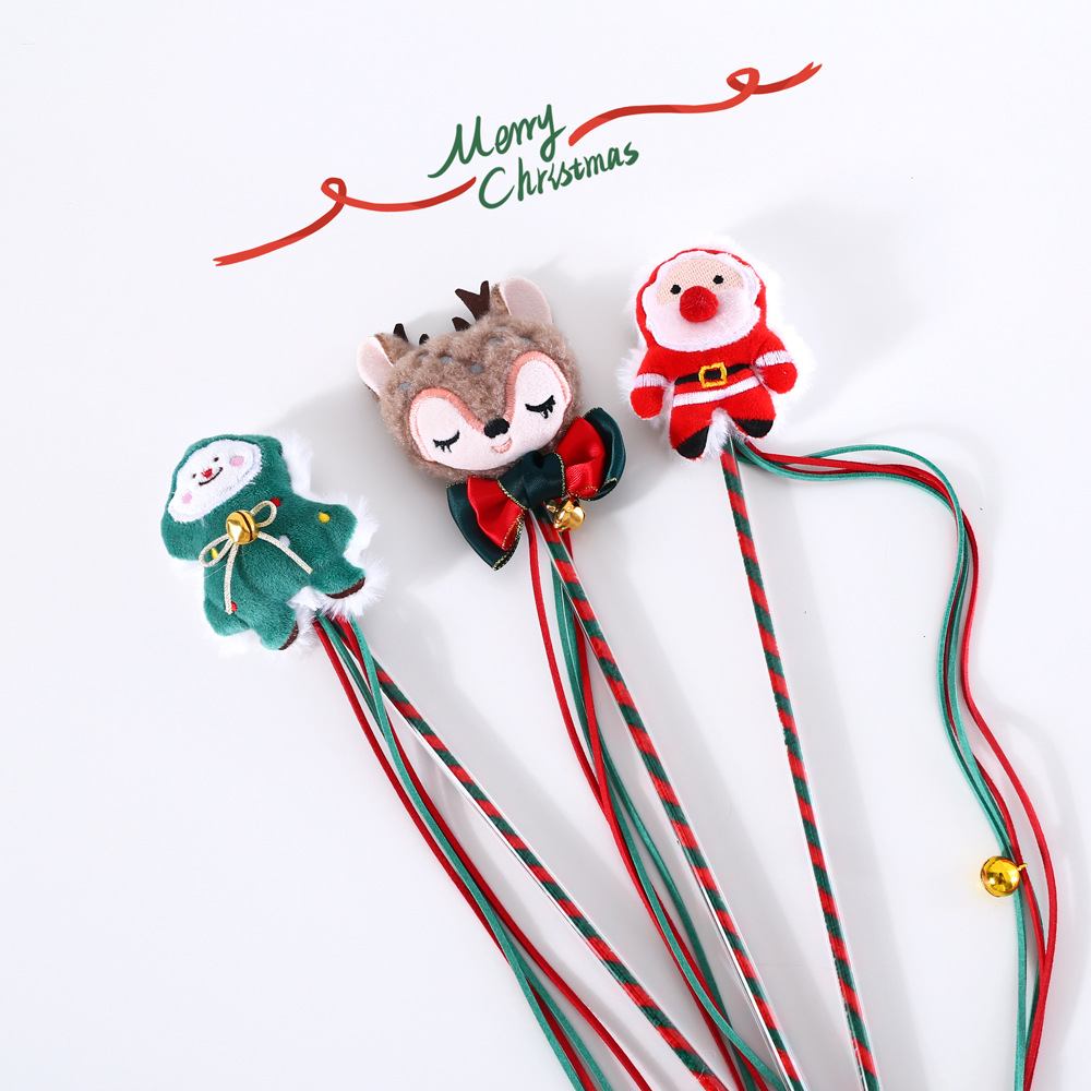 Mascota gato de peluche de dibujos animados árbol de Navidad viejo ciervos borla interactivo divertido gato palo sonido campana juguete entrenamiento varilla