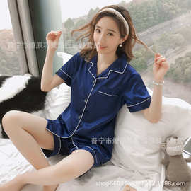 夏季女士睡衣丝绸冰丝薄款短袖短裤开衫仿真丝性感外穿家居服套装