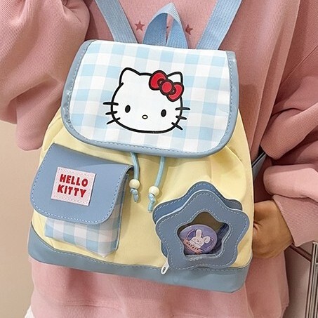 Dopamine Kitty Plaid Drawstring Backpack Cute Cartoon Girl Hello Kitty College Style Versatile Commuter Bag