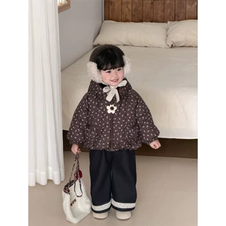 童装碎花棉服女童圣诞帽夹棉冬装洋气女宝宝咖色复古连帽保暖棉袄