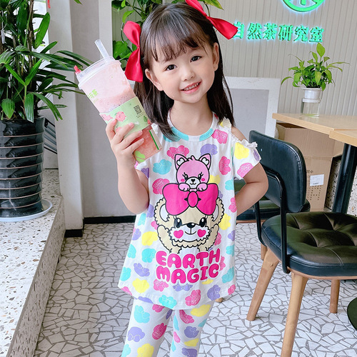 2024 New Girls Summer Clothes EM Japanese Trendy Children's Clothes Cartoon Bear Off-Shoulder T-Lace Leggings Suit
