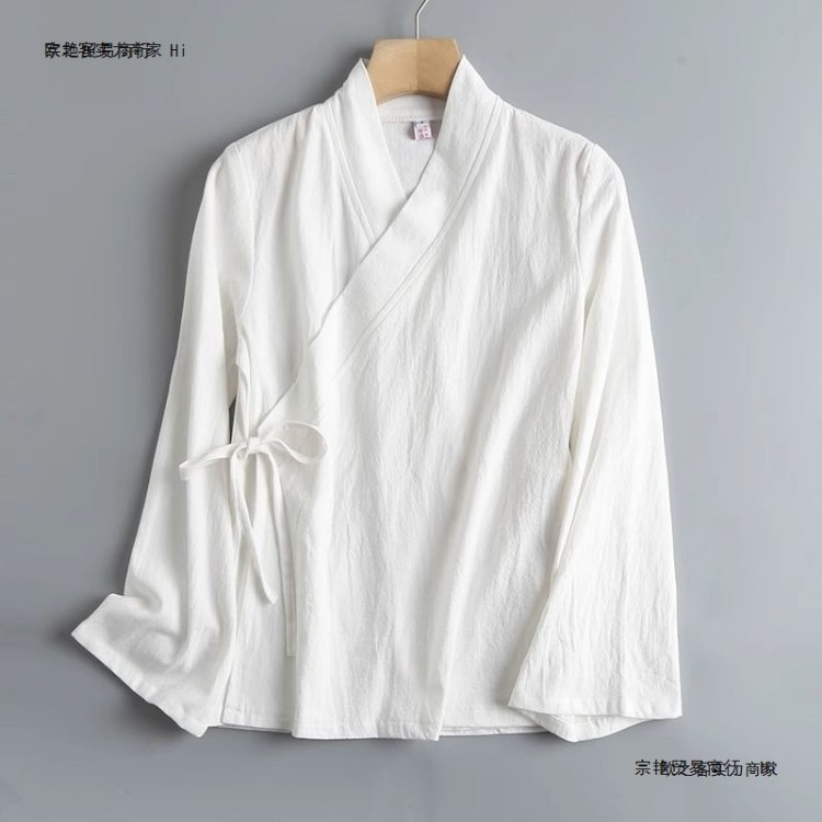New Chinese-style ethnic-inspired modified cotton-linen long-sleeve tea dress with a small bell collar and tie, suitable for daily wear in spring and summer for women