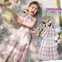 女童套装2025新款薄款粉色格子吊带上衣女宝宝甜美漂亮超火夏装