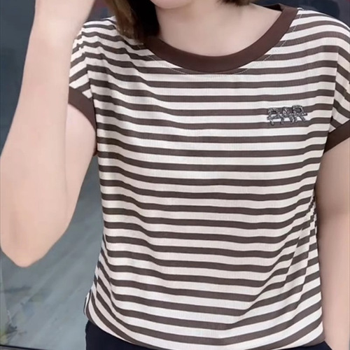 Summer round collar stripe short-sleeved casual style daily breathable T-shirt, foreign style, small pullover, contrasting knitted shirt for women