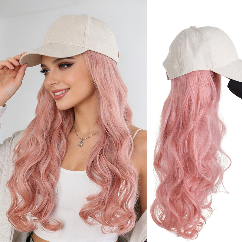 Foreign Trade Hat and Wig Combo for Women, Off-White Baseball Cap with Pink Wavy Curls, European and American Fashion 20inch Wig Hat