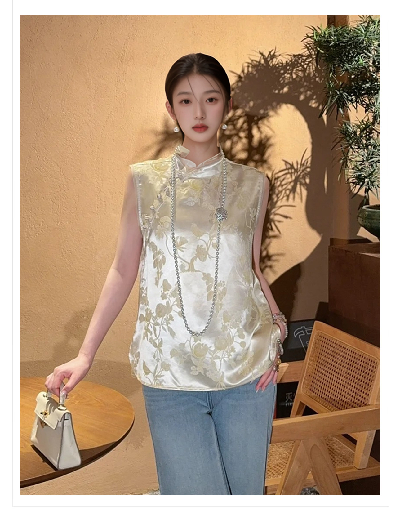 Áo vest không tay cổ đứng họa tiết jacquard phong cách tân cổ điển mùa hè 2026 — Màu hồng, Màu mơ chi tiết 3