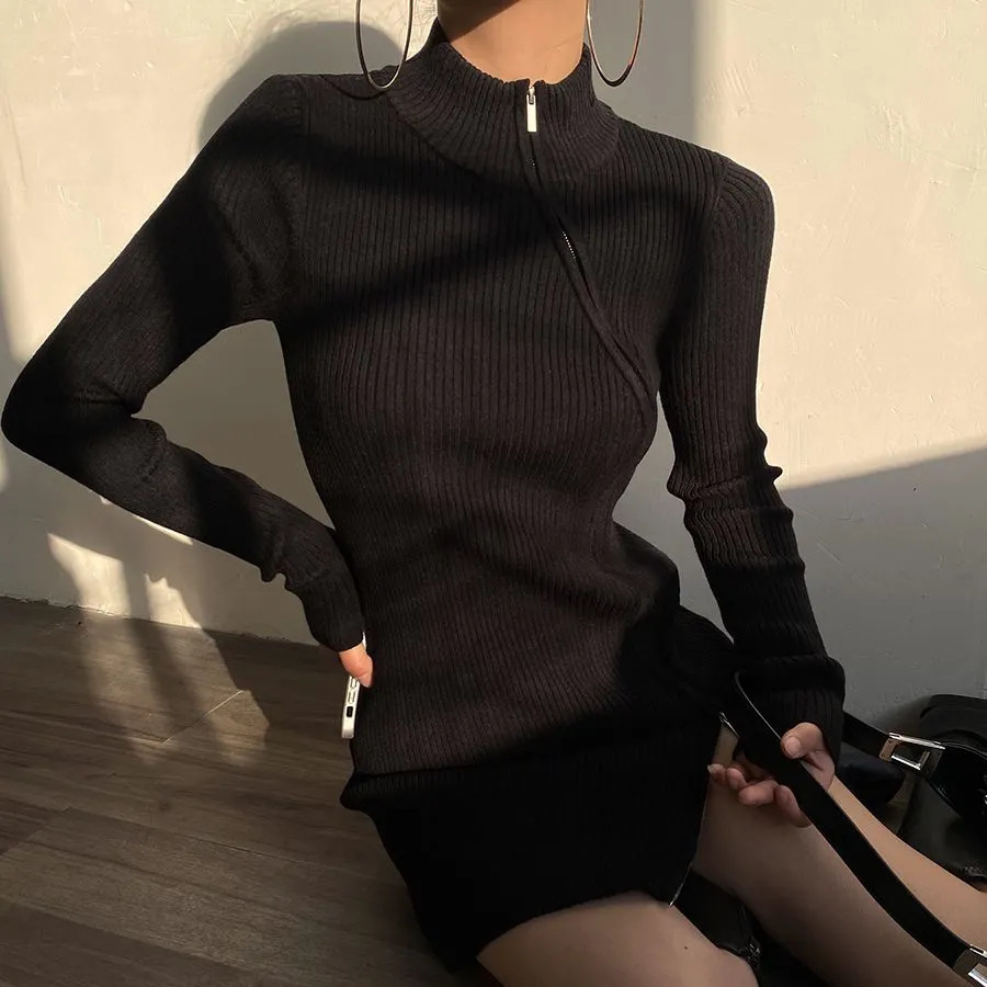 Slim-Fitting Long-Sleeved Slimming Zipper Stand-Collar New Style Knitted Dress, Elegant Autumn and Winter Knitted Bottoming Slim-Fitting Short Skirt