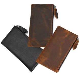 Men's Crazy Horse Leather Long Wallet Retro Large Capacity Genuine Leather Zipper Mobile Phone Bag Women's Clutch Japanese and Korean Style Handbag
