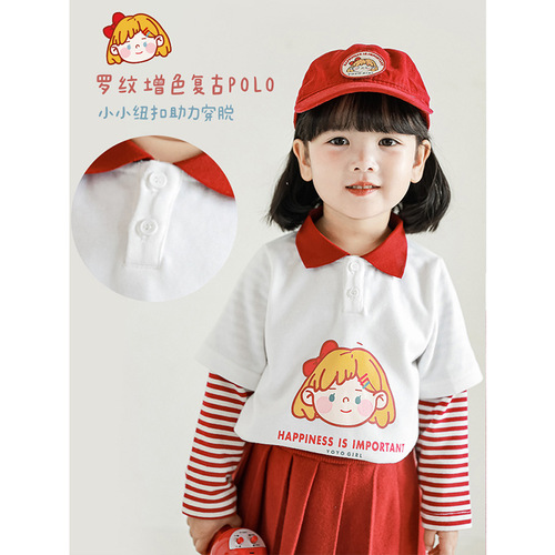 Wuli Buyi Girls' fake two-piece autumn casual T-shirt Korean style striped small lapel cartoon printed T-shirt top