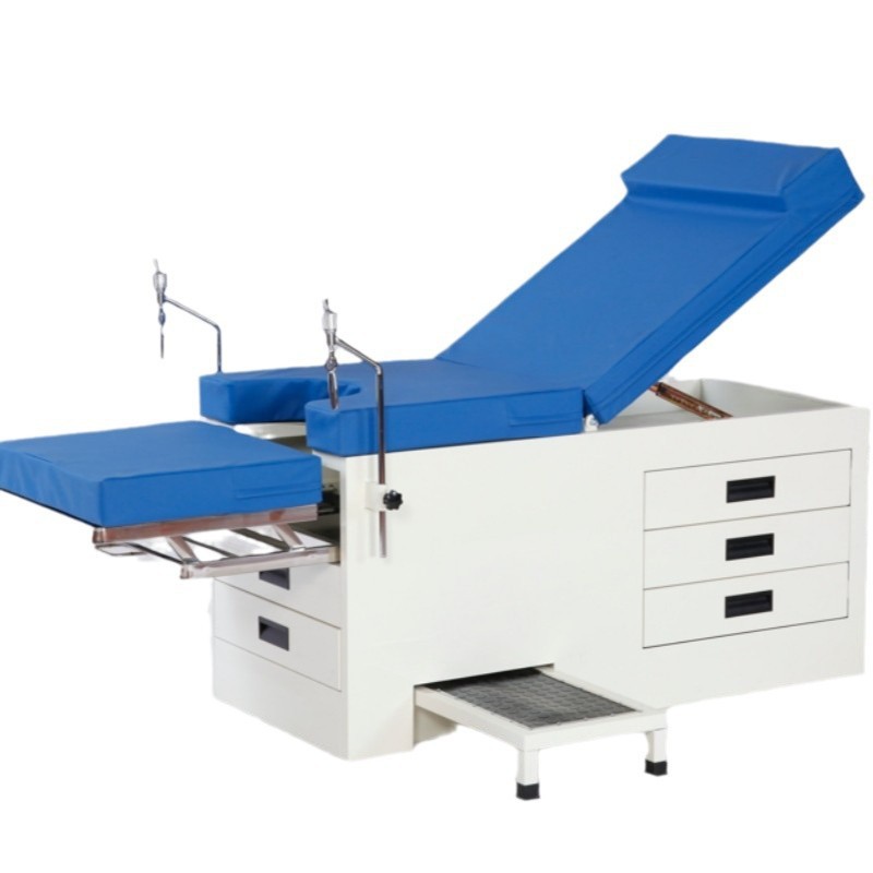 Cama de examen ginecológico manual con taburete para levantar la espalda y levantar las piernas y pisar con longitud ajustable de enfermería para clínica hospitalaria image 6