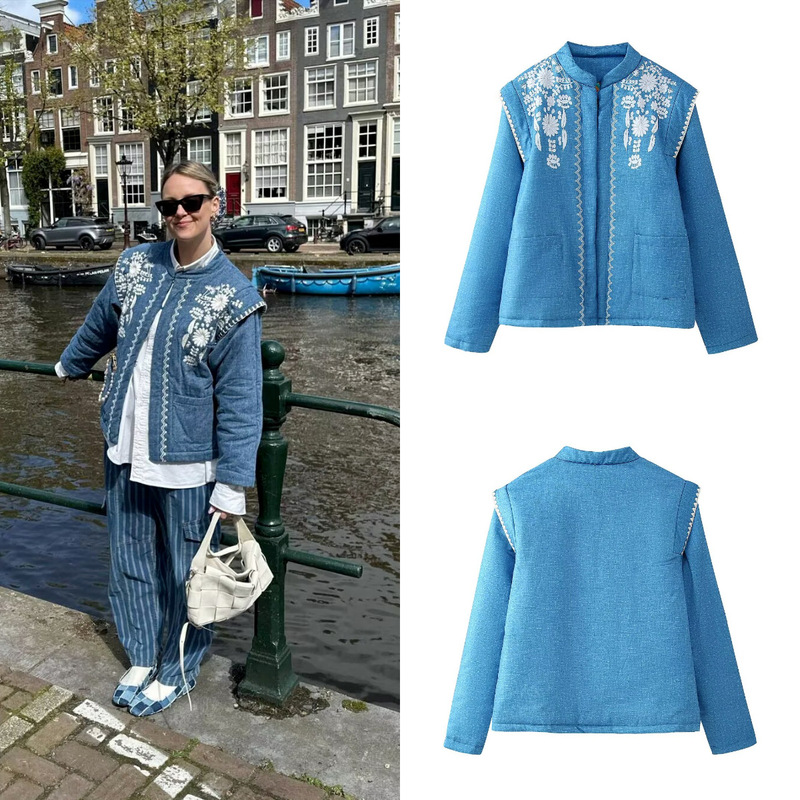 Za Cross-Border Export Spot European and American Style Women's Winter New Fashion Printed Denim Color Cotton Long-Sleeved Jacket