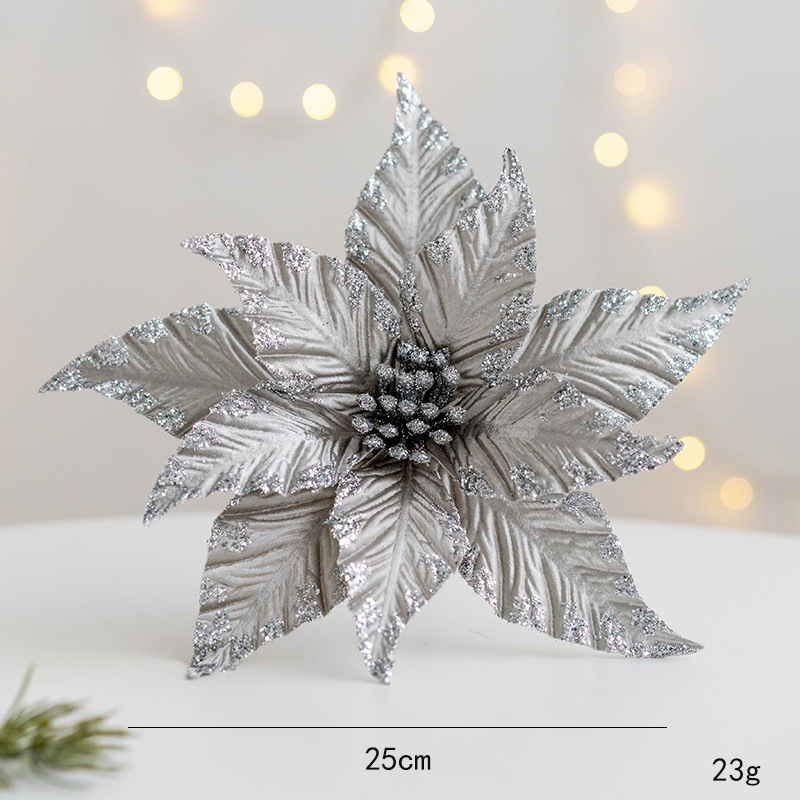 Adornos navideños de tela, flores doradas y plateadas para decoración de árbol