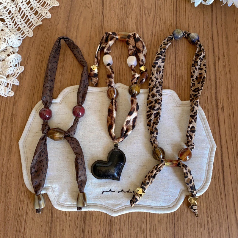 美拉德咖色豹纹串珠丝巾项链女复古小众设计感可调节毛衣链配饰品|undefined
