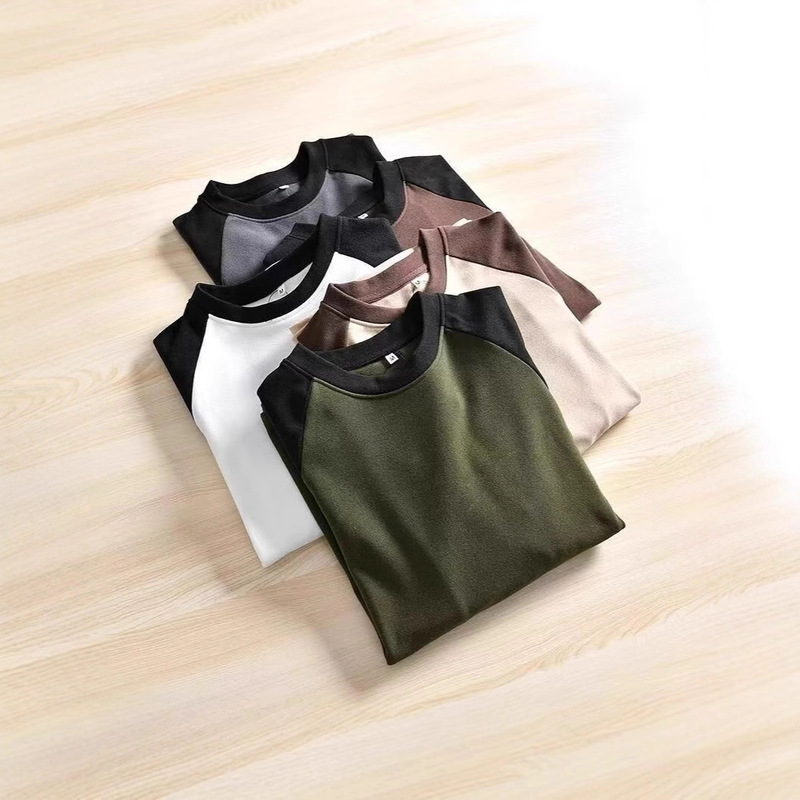 Double-Sided Velvet Raglan Long-Sleeved T-Shirt for Men in Autumn and Winter Warm Splicing Contrasting Color Bottoming Shirt Loose Round Neck Couple Top