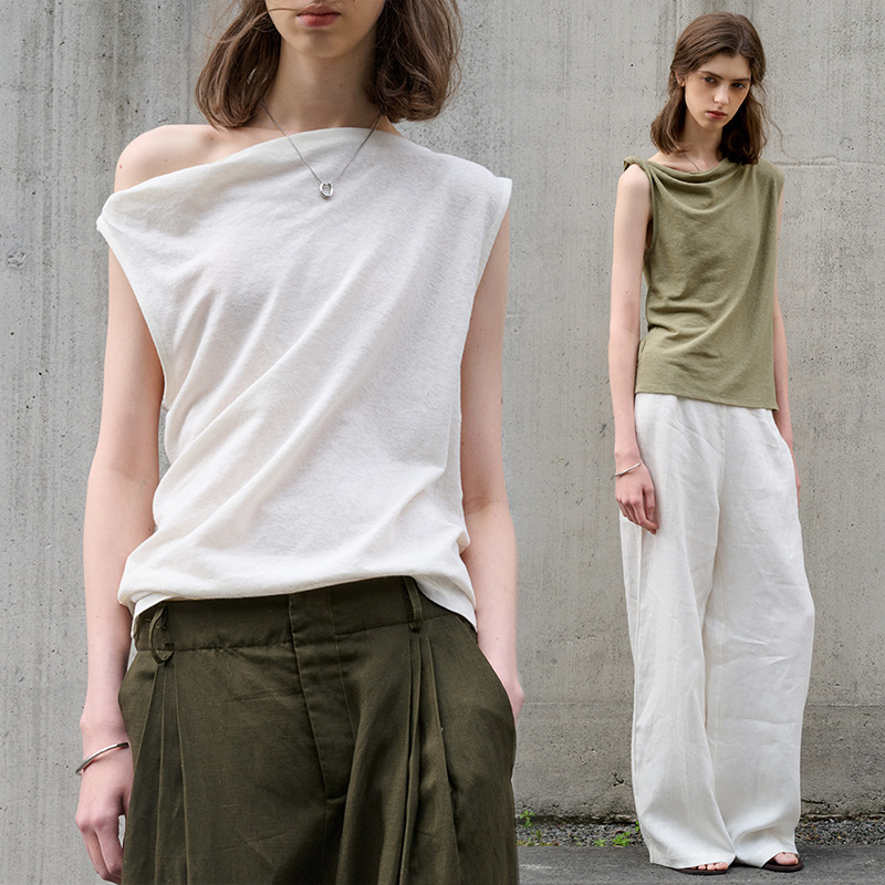 Irregular One-Line Off-Shoulder Linen T-Shirt for Women Summer High-End Design Sleeveless Top Slim Cotton and Linen Knitted Vest