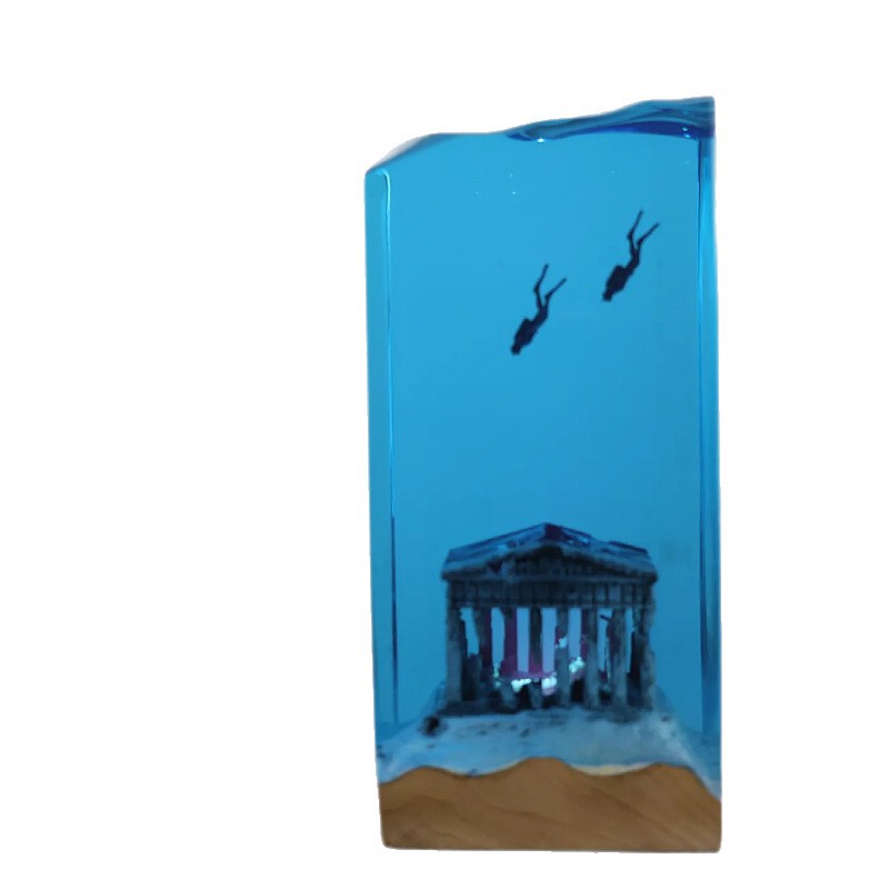 溶洞鲸鱼潜水员桌面摆件海洋艺术工艺品实木树脂灯生日礼物饰品|undefined