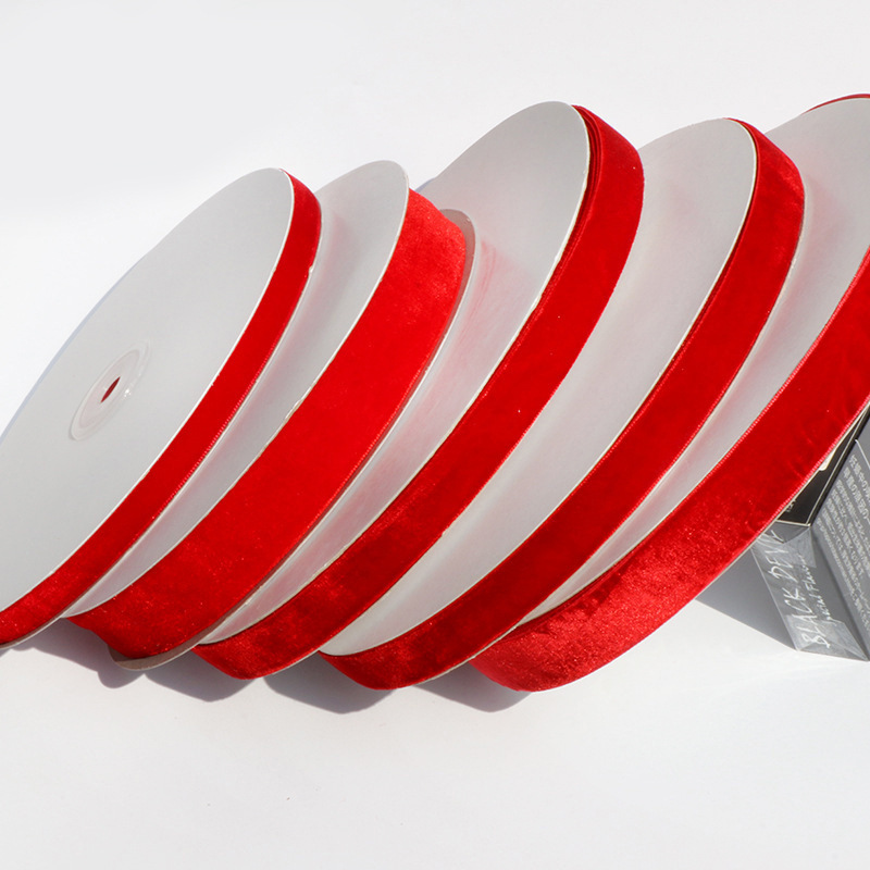 Bright Red Velvet Ribbon, Velvet Ribbon with Silk Trim, Single-Sided Velvet Flocked Ribbon, Flocked Fabric Ribbon—Wholesale Christmas Velvet Ribbon