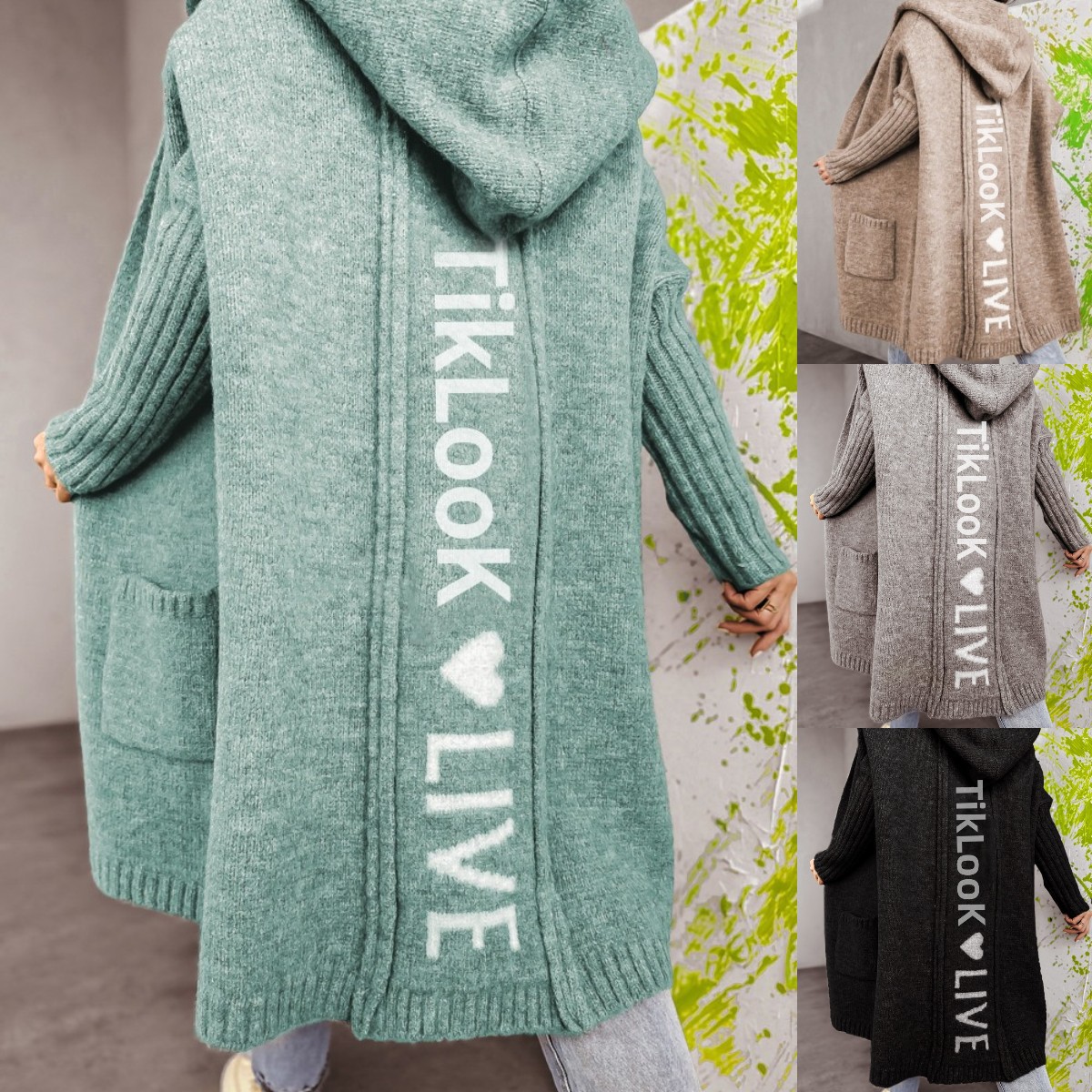 2024 efterår og vinter ny strikket sweater damecardigan TikLook løs mellemlang jakke med hætte_voghion.com